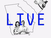 Editorial illustration showing the outline of Georgia state with the word LIVE in blue and black-and-white photos of political candidates overlaid.