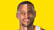 Split composite image of two NBA basketball players' faces merged together against a yellow background.
