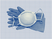 Blue-tinted editorial illustration of medical gloves and an N95 respirator mask on a grid background, representing PPE shortages.