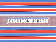 Decorative editorial illustration with red, white, and blue wavy stripes and a central label reading Election Update.