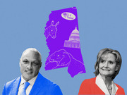 Editorial illustration showing two political candidates flanking a purple Mississippi state silhouette with a donkey, elephant, US Capitol, and I Voted sticker.