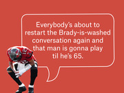 Editorial graphic showing a Tampa Bay Buccaneers player hunched over beside a speech bubble quoting a fan comment about Tom Brady playing until age 65.