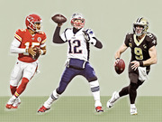 Editorial illustration of three NFL quarterbacks in their uniforms — Kansas City Chiefs number 15, New England Patriots number 12, and New Orleans Saints number 9 — posed against a grid background.