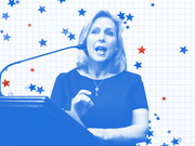 Blue-tinted editorial photo illustration of a woman speaking at a podium, overlaid on a grid background with scattered red and blue stars.