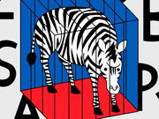 Editorial illustration of a zebra standing inside a blue and red isometric cube, with large partial letters visible around the edges.