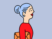 Cartoon illustration of a woman with blue hair in a bun, wearing a red top and carrying an orange bag, shown in profile view.