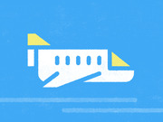 Stylized editorial illustration of a white airplane with yellow tail fins on a blue background.