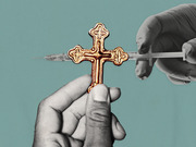 Editorial illustration showing a gloved hand injecting a syringe into a golden Christian cross held by another hand, symbolizing religion and vaccination.