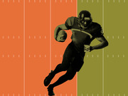 Stylized editorial illustration of an American football player running with the ball on a duotone orange and olive-green field background.