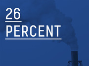 Blue-tinted editorial graphic showing a smokestack with the large text '26 PERCENT' overlaid, communicating a data point about emissions or pollution.