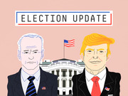 Editorial cartoon illustration of Joe Biden and Donald Trump standing in front of the White House with an American flag, under an Election Update banner.