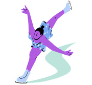 Colorful cartoon illustration of a figure skater in a purple outfit and blue dress performing a spin on ice with a teal trail behind her.