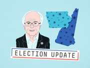 Editorial illustration of Bernie Sanders with star-patterned state map cutouts and an Election Update banner for FiveThirtyEight.