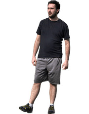 Cutout illustration of a man wearing a black t-shirt and gray shorts walking, used as editorial art.
