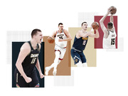 Editorial collage of Denver Nuggets player Nikola Jokic number 15 shown in four different action poses against geometric colored backgrounds.