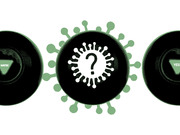 Editorial illustration showing three Magic 8-balls styled as coronavirus particles, with the center one displaying a question mark and the others showing MAYBE and YES.