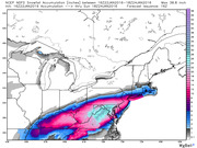 NCEP NDFD forecast snowfall accumulation map in inches for the eastern US between January 22-24, 2016, showing up to 38.8 inches of snow along the Mid-Atlantic coast.