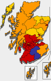 Choropleth map of Scotland showing regions colored in orange, yellow, red, and blue, likely representing political or electoral results by constituency.