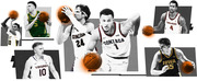 Editorial collage of college basketball players from Gonzaga, Virginia, Oregon, Iowa, and USC in black-and-white with orange accent highlights.