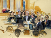 Courtroom sketch by Steve Hauss depicting a crowded courtroom scene with a judge presiding and multiple attorneys and spectators.