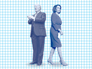 Blue-tinted editorial illustration of two political figures standing back to back on a grid background, appearing to be Trump and Pelosi.