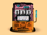 Editorial illustration of a slot machine themed around NBA free agency, with silhouetted player heads on the reels and NBA team logos on a display panel.