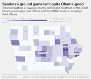 Choropleth map of Iowa counties by population density showing locations of 2008 Obama and 2016 Sanders campaign field offices, with cities Des Moines, Cedar Rapids, and Davenport labeled.
