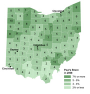 Choropleth map of Ohio counties showing Ron Paul's vote share in the 2008 primary, with values ranging from 2% or less to 7% or more.