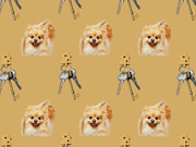 Repeating pattern of a fluffy Pomeranian dog and house keychains with keys on a golden-tan background, used as editorial illustration.