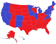 US electoral map showing states colored red or blue, likely representing Republican and Democratic party affiliations or election results.