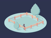 Isometric illustration of a small figure standing outside a fenced enclosure on a circular platform with stylized trees, set against a dark background.