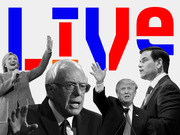 Editorial collage graphic with the word LIVE in large blue and red letters behind black-and-white photos of 2016 presidential candidates including Sanders, Clinton, Trump, and Rubio.