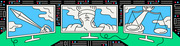 Editorial illustration showing three computer monitors displaying a pencil, a blindfolded Lady Justice figure, and scales of justice against blue sky backgrounds.