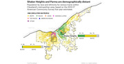 Dot density map of Cleveland metro area showing population by race and ethnicity per census tract, with bar charts comparing Shaker Heights and Parma racial composition.