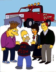 Cartoon illustration from The Simpsons showing Homer Simpson wearing a Mr. Plow jacket surrounded by other characters, with a red plow truck in the background.