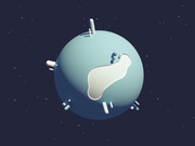 3D stylized illustration of a pale blue planet with a white continent-like shape and small cylindrical structures, set against a dark starry background.