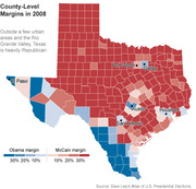 County-level map of Texas showing 2008 presidential election margins, with Republican McCain counties in red and Democratic Obama counties in blue.