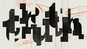 Editorial illustration featuring the word 'truth' in large bold blackletter typography with red scribble marks overlaid on a textured grid background.