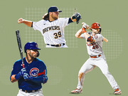 Editorial illustration showing three MLB players: a Milwaukee Brewers pitcher (39), a Chicago Cubs batter, and a St. Louis Cardinals batter (46) on a green background.
