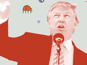 Editorial illustration of Donald Trump speaking at a microphone, rendered in red tones with small decorative icons floating around him on a light background.