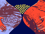 Abstract editorial illustration showing two large circular forms in blue and red with hands reaching toward a cluster of yellow dots in the center on a dark navy background.