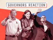 Editorial illustration titled Governors Reaction featuring three political figures including Brian Kemp against a red, white, and blue abstract background.