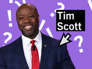 Editorial illustration of Tim Scott on a purple background with question marks and exclamation points, with his name in a black label box and an arrow pointing to him.