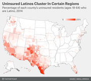 Choropleth map of the US showing percentage of each county's uninsured residents ages 18-64 who are Latino in 2014, with darker red indicating higher concentrations in Southwest and Texas.