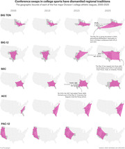 Grid of small US maps showing geographic expansion of five major Division I college athletic conferences (Big Ten, Big 12, SEC, ACC, PAC-12) from 2000 to 2025.