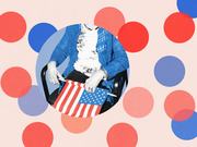 Editorial illustration showing an elderly person holding a small American flag, framed in a circle surrounded by red and blue polka dots on a pink background.