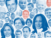 Collage of blue and red-tinted portrait faces of numerous 2020 Democratic and Republican presidential candidates arranged across a white background.