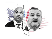 Editorial illustration showing two political figures split by a Texas state outline against a stylized American flag background in blue and red.