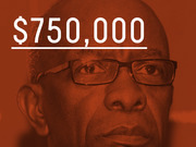 Editorial infographic showing $750,000 in large white text overlaid on a red-tinted photo of a man wearing glasses.