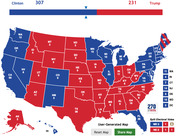 US Electoral College map showing Clinton with 307 electoral votes versus Trump with 231, with states colored blue for Clinton and red for Trump.